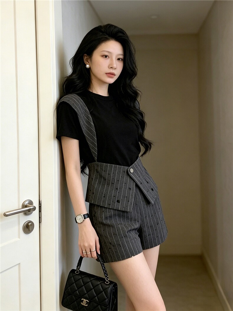 夏季新款简约时尚气质套装高端撞色拼接假两件女短袖短裤两件套潮,女装套装/套裙,江南