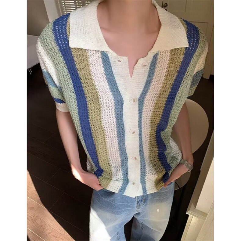 夏季美式复古慵懒风多巴胺条纹撞色T恤休闲针织短袖开衫TMY919，男装T恤，星座1116A（原606A-3）