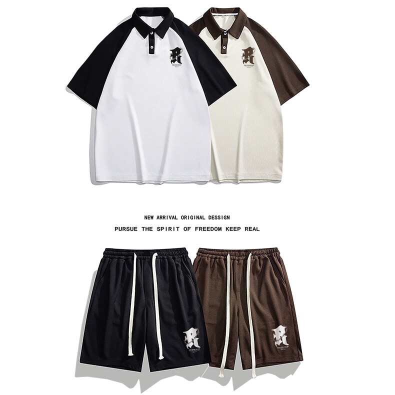 白底夏季ins港风情侣华夫格拼色短袖短裤套装TZ1187P65控88，男装休闲套装，电商A247-1