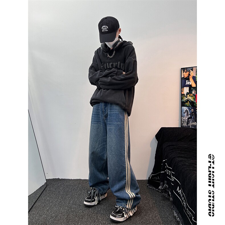 B221美式ins高街小众宽松三条杠运动牛仔裤LK23130-P60控78,男装牛仔裤,电商B221