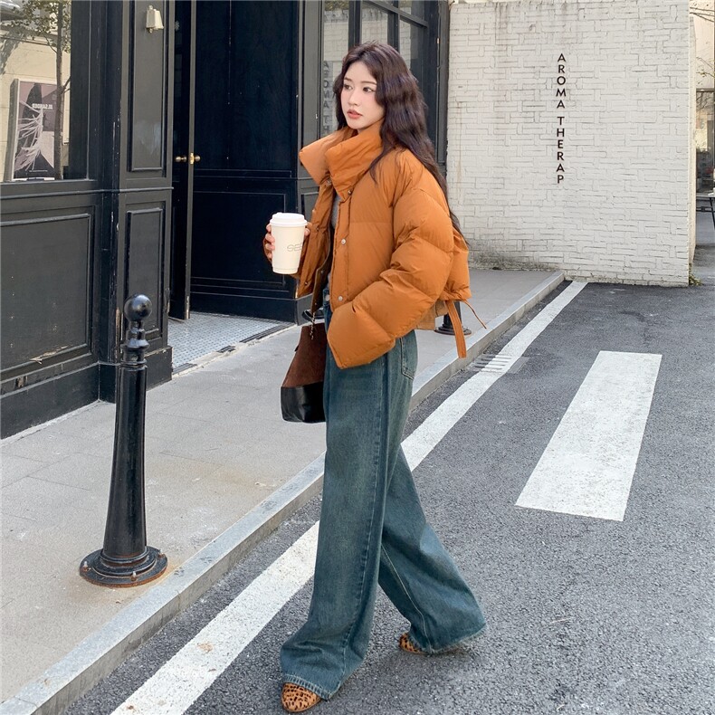 橘色假两件皮衣短款羽绒服2025新款女冬独特巨好看韩系立领厚外套,女装羽绒服,2C116