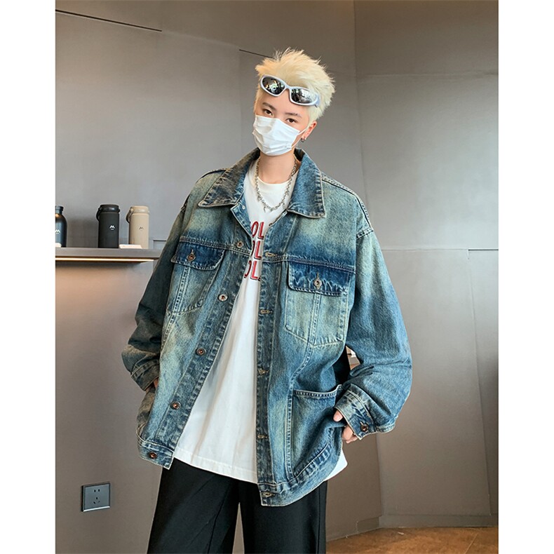 美式工装牛仔外套男款宽松秋季重磅水洗复古多口袋翻领夹克,男装夹克,星座410-6（原星座1304-1）