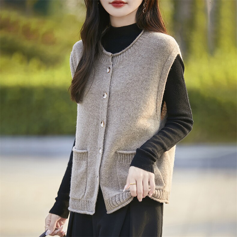 100纯羊毛针织坎肩女无袖开衫马甲2025新款七针加厚保暖外套上衣,女装马甲,暖烁羊绒