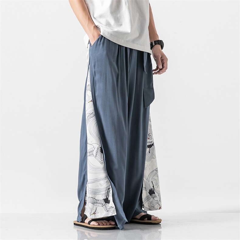 汉服坠感阔腿裤风男古风仙气宽松个性仙鹤直筒长裤K72/P85，男装民族服装，电商A221A