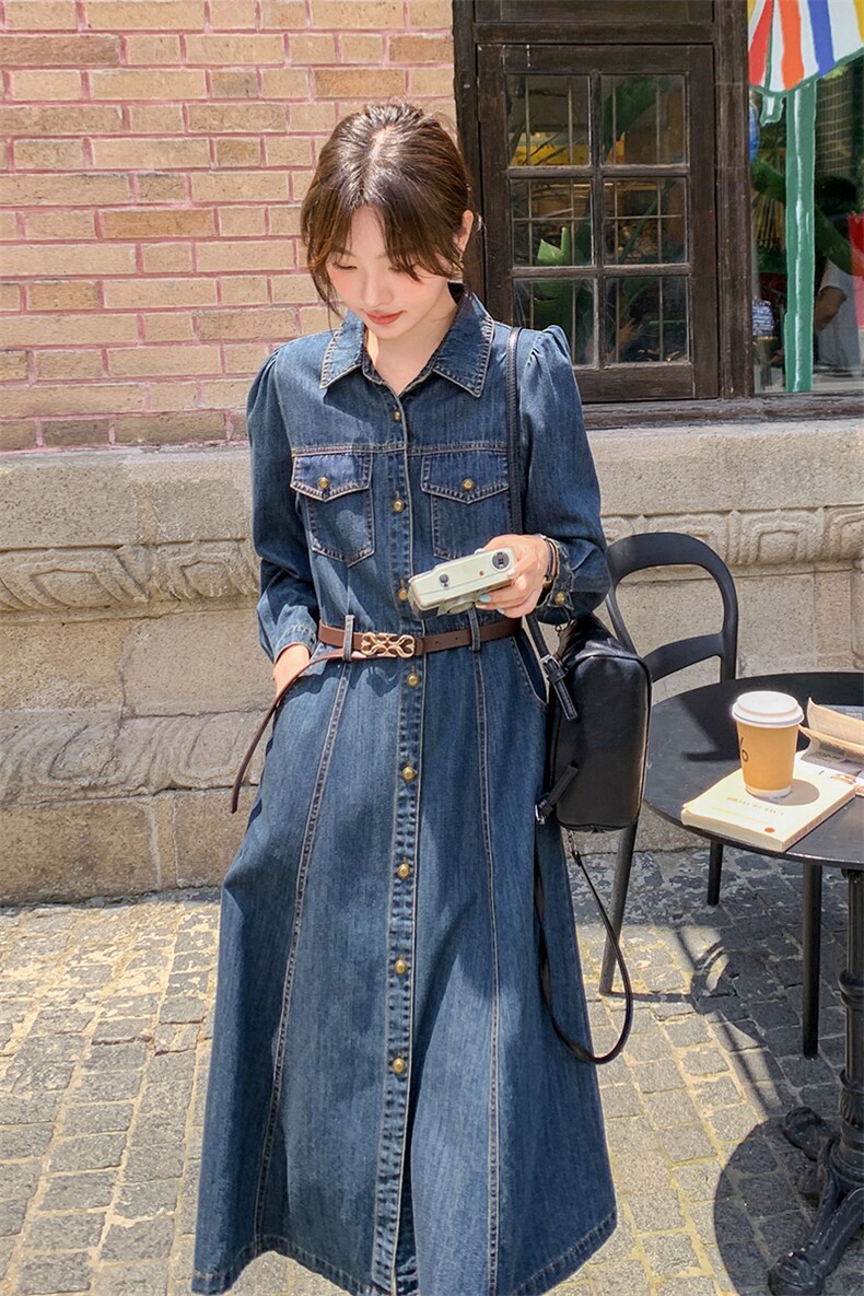 独特超好看长袖牛仔连衣裙女早秋2025新款收腰显瘦气质减龄衬衫裙,女装连衣裙,秋水欣儿
