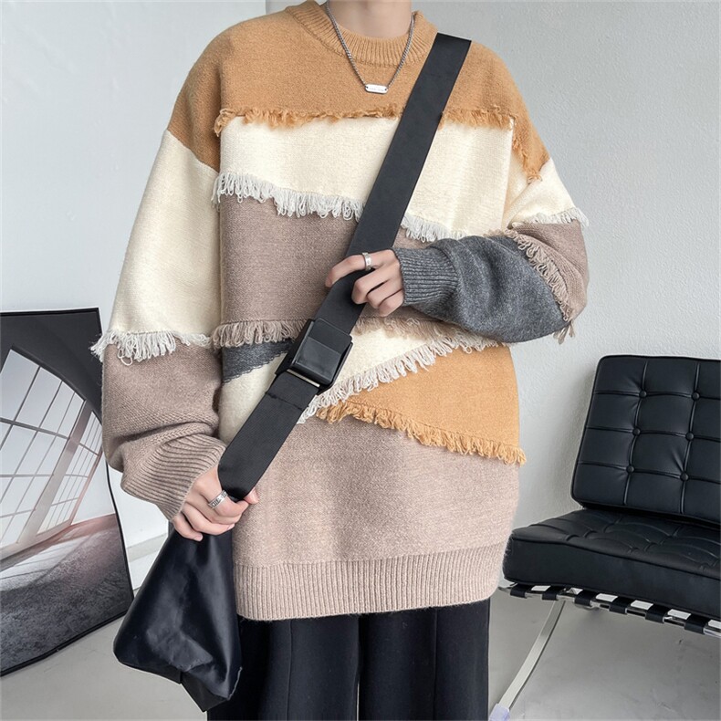 M8165/P75冬季新款韩系复古慵懒?宽松感拼色流苏软糯羊针织毛衣,男装针织衫/毛衣,电商A141