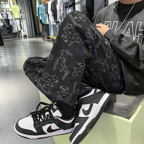 欧美街头hiphop嘻哈满印小熊大码宽松拖地牛仔裤男 A071-2022-P50图片