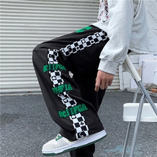 直筒休闲裤男拼接格子高街运动潮牌ins百搭青少年裤子K0304-P35，男装休闲裤，星座308B-1