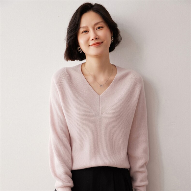 秋冬新款洋气时尚百搭显瘦女款V领35%山羊绒衫,女装羊绒衫,艾巧羊绒