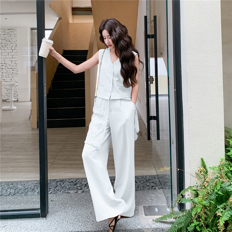 轻熟风气质套装女2026夏季拼蕾丝西装马甲显瘦阔腿裤两件套,女装套装/套裙,流量+