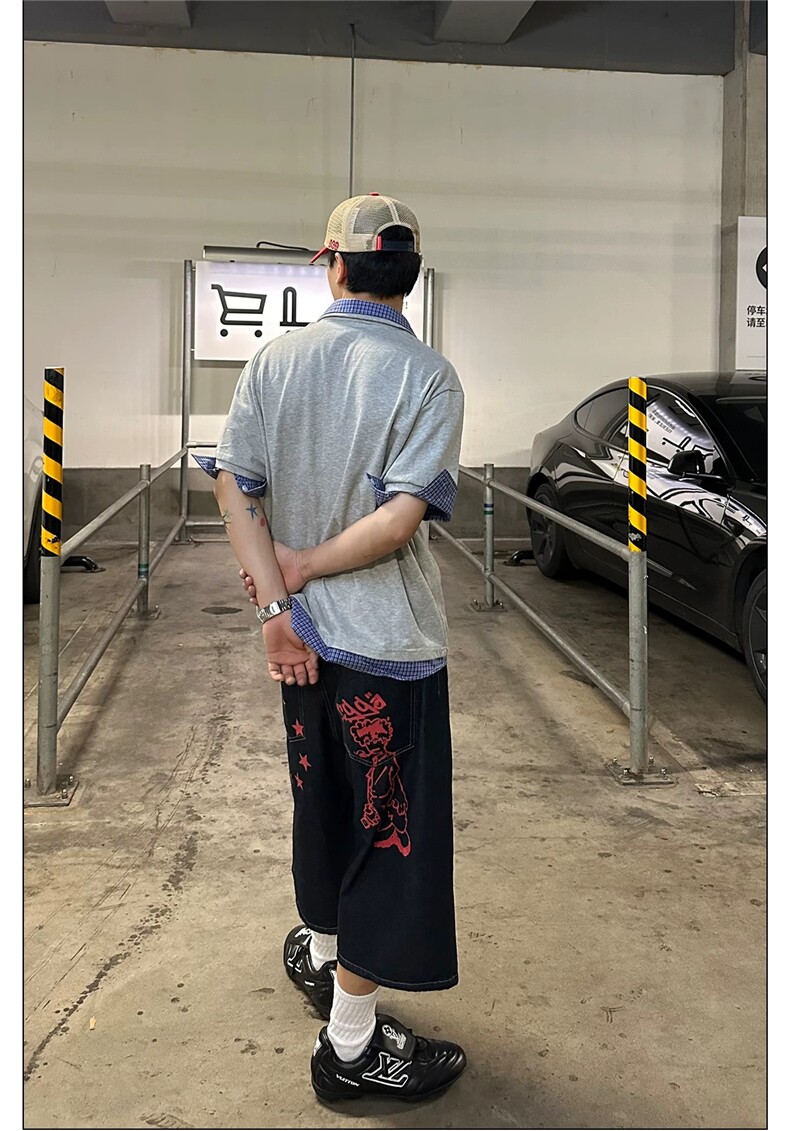 得物抖音高品质二开夏季美式潮牌高街假两件格子衬衣翻领短袖T恤,男装T恤,电商A486