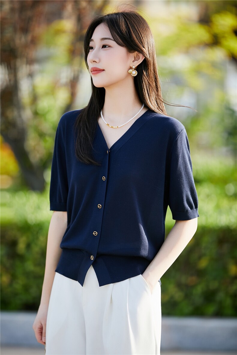 莱赛尔天丝针织短袖T恤女新款夏时尚洋气宽松开衫外套半袖V领上衣,女装T恤,晨旭羊绒