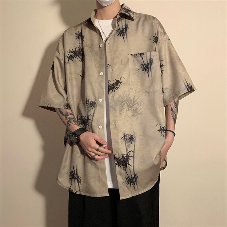 风墨竹衬衫X5531-TP25不控价复古印花中式青少年休闲宽松衬衫,男装衬衫,电商A102-1