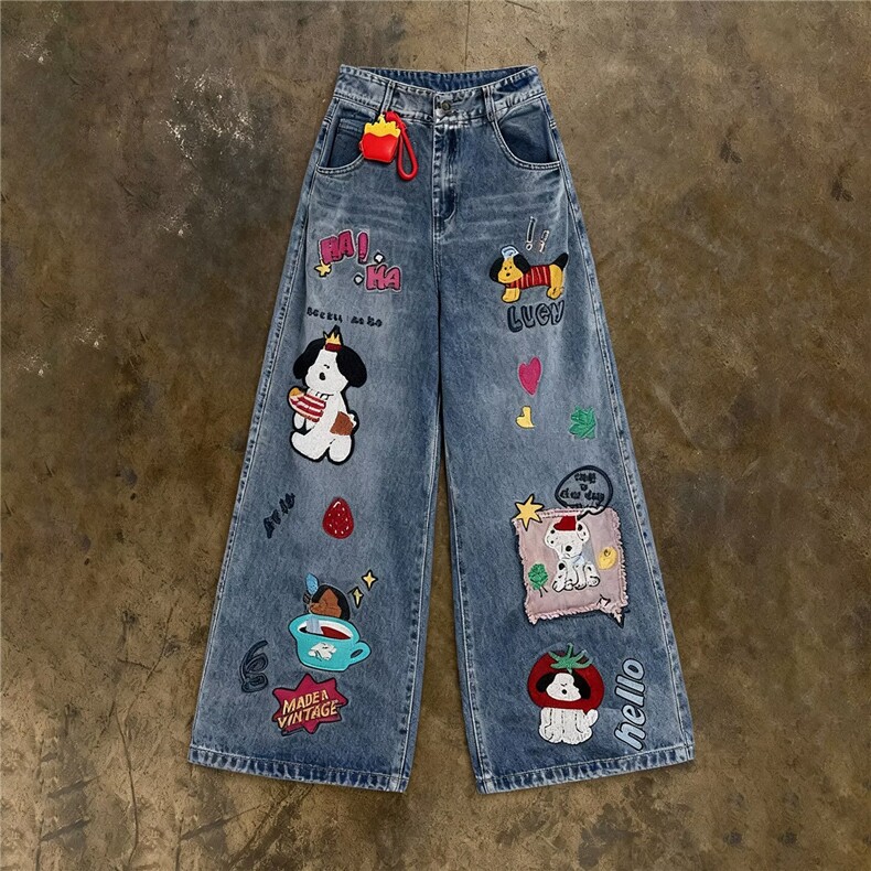 重工kt猫印花破洞牛仔裤女2026春新款宽松阔腿垂感长裤AMH04P60，男装牛仔裤，星座1013-5