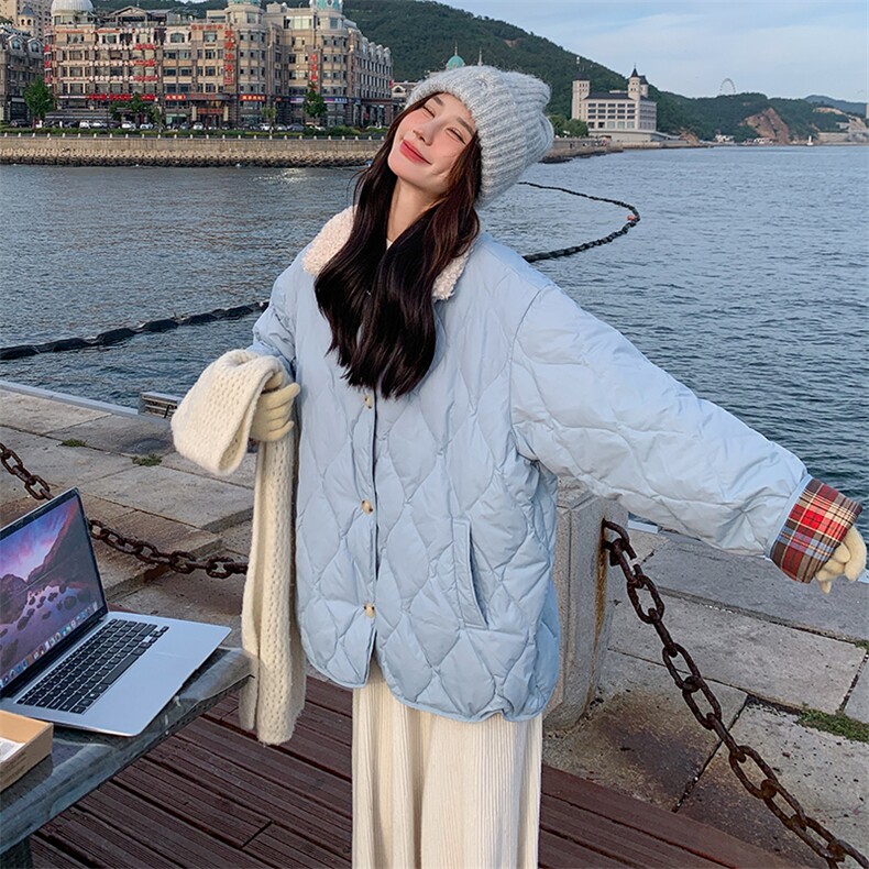 羊羔毛拼接蓝色羽绒服女冬季两面穿韩系小个子温柔风爆款超好看,女装羽绒服,浪娴服饰
