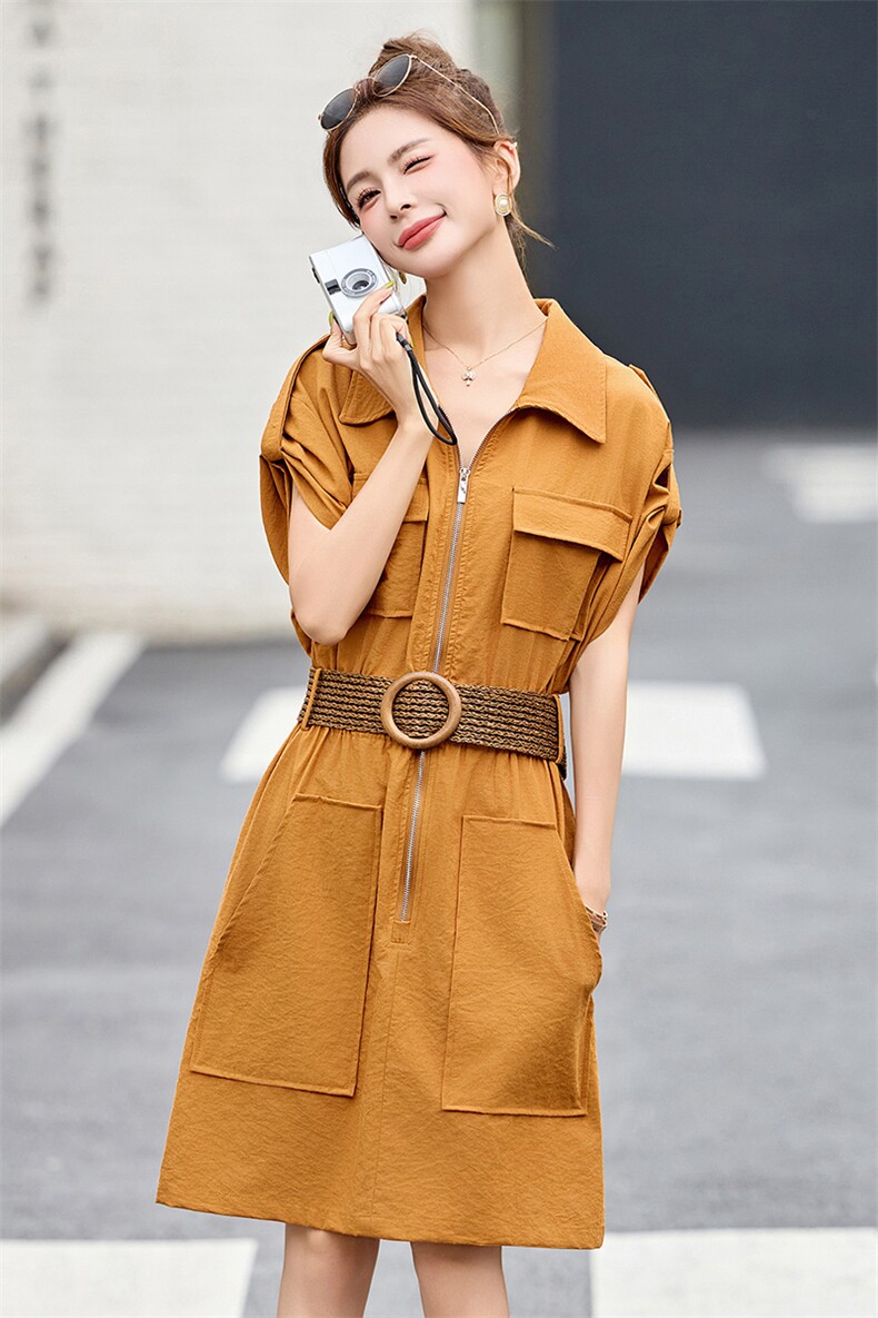 时尚休闲翻领工装风连衣裙女2025夏季新款小个子宽松显瘦短袖裙子,女装连衣裙,沁沁公主