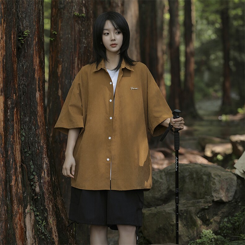 日系新款复古纯色短袖衬衫男女同款夏季宽松休闲情侣衬衣,男装衬衫,星座410-6（原星座1304-1）