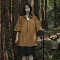 日系新款复古纯色短袖衬衫男女同款夏季宽松休闲情侣衬衣，男装衬衫，星座410-6（原星座1304-1）