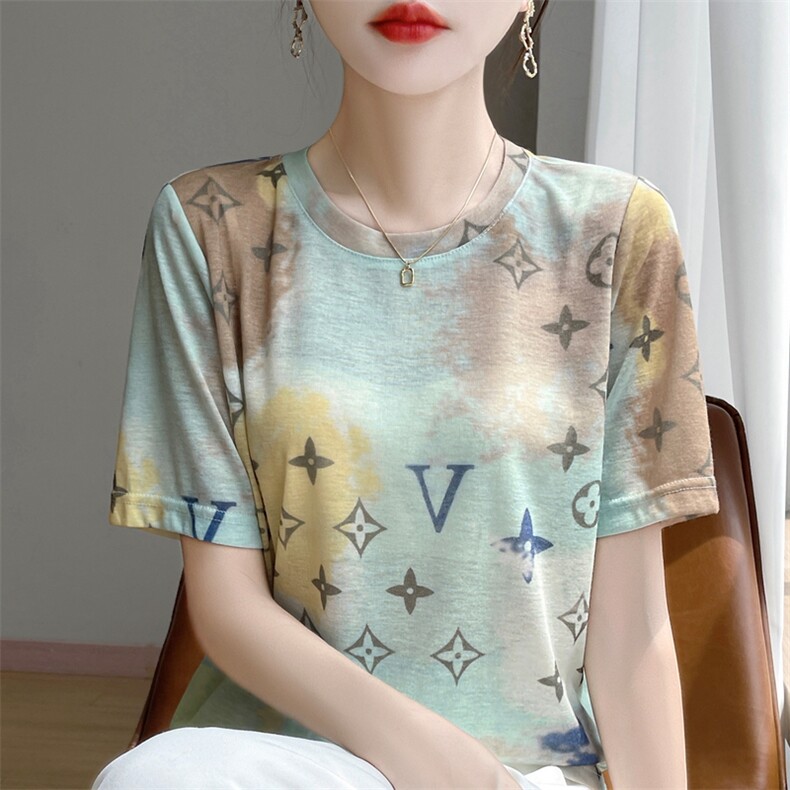 短袖t恤女夏季简约圆领宽松简约百搭花色打底女上衣,针织衫/毛衣,绒宛羊绒