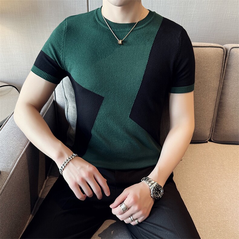 2024早秋新款修身圆领拼色提花针织衫毛衣打底衫男净版M06-p45，男装针织衫/毛衣，电商D303