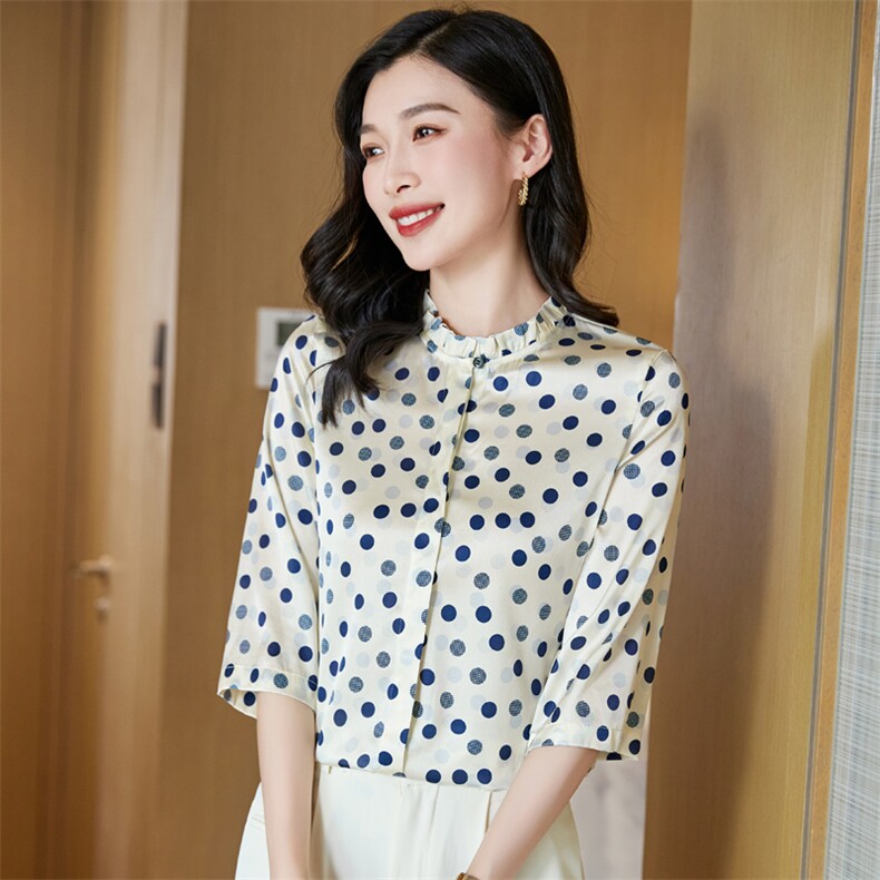 高档品牌重磅真丝衬衫女中袖桑蚕丝2025新款气质波点洋气大码上衣,女装衬衫,阿舍尔精品
