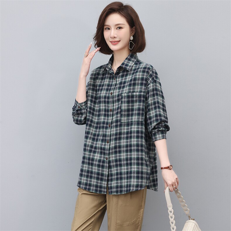 格子衬衫女长袖2025新款春秋衬衣春款漂亮小衫妈妈上衣,女装衬衫,忆绮罗