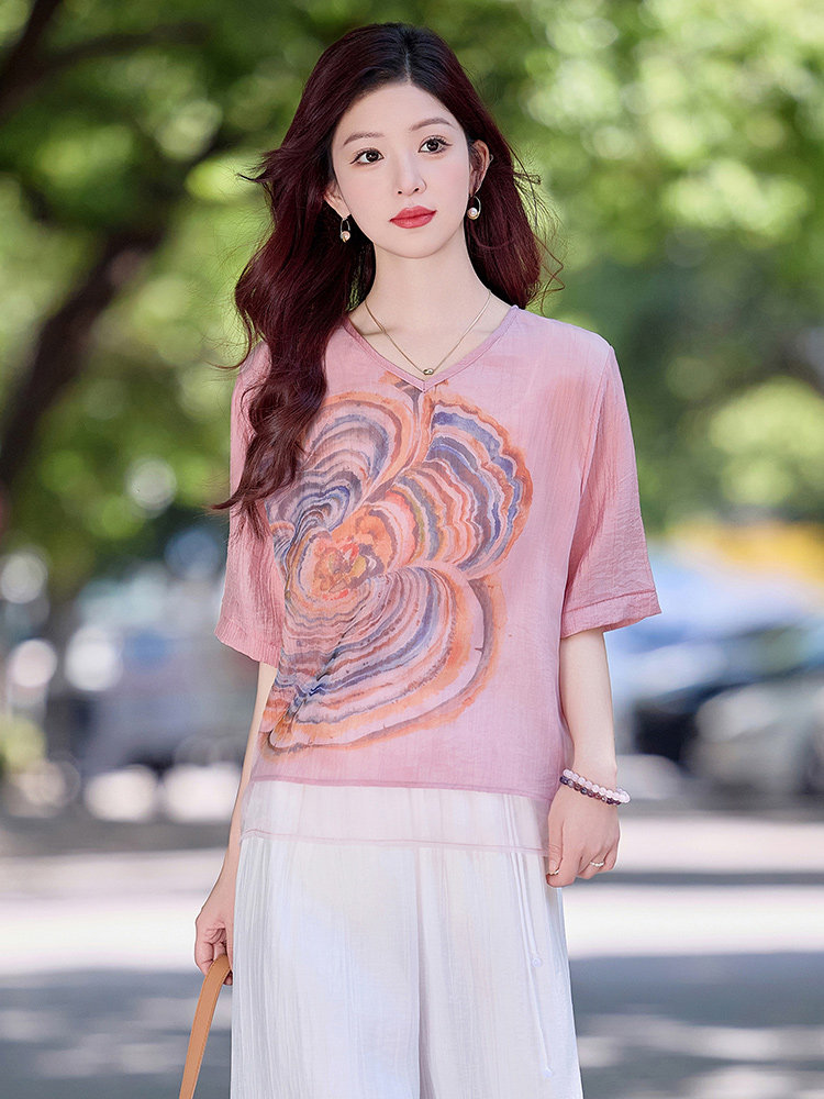 现货！夏季新款2025套装女简约时尚优雅气质天丝麻料印花上衣,女装衬衫,涵墨