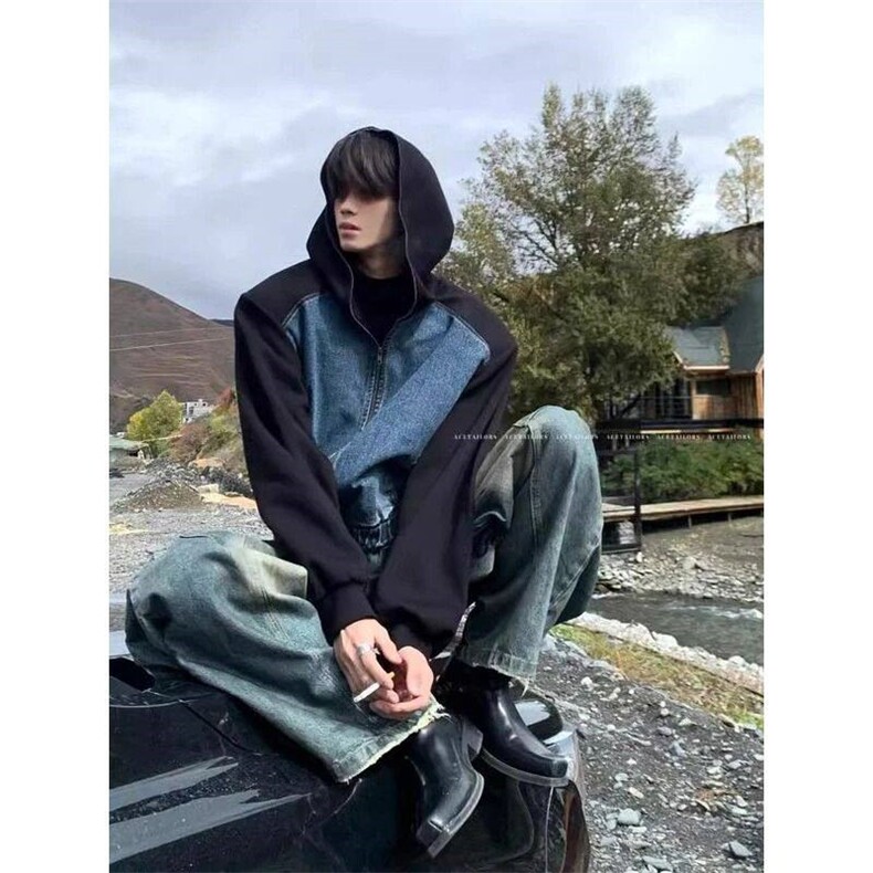 1506/QS1650/P103美式垫肩牛仔拼接卫衣短款感痞帅连帽上衣夹克,男装夹克,星座1506