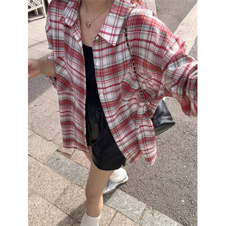 TC632-P45美式复古红格子衬衫女春夏季2026新款Polo领衬衣,女装衬衫,星座617A-2