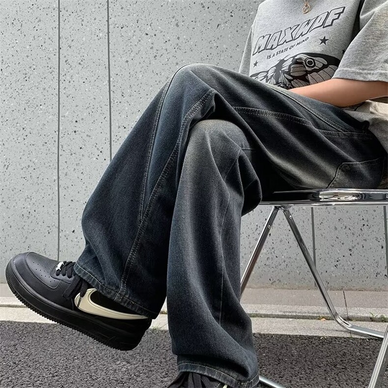 美式高街水洗解构款牛仔裤男潮牌痞帅宽松长裤直筒百搭阔腿裤,男装牛仔裤,星座218-1（原230）