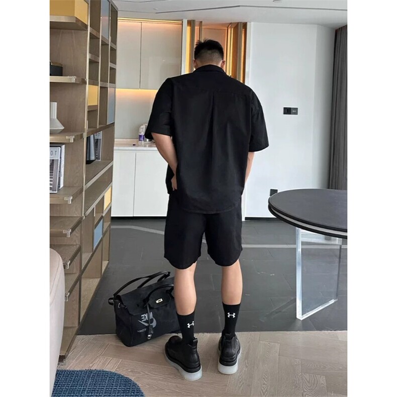 纯色冰丝速干衬衫套装男夏季潮牌拼接凉感宽松休闲短袖短裤两件套,男装休闲套装,电商A001