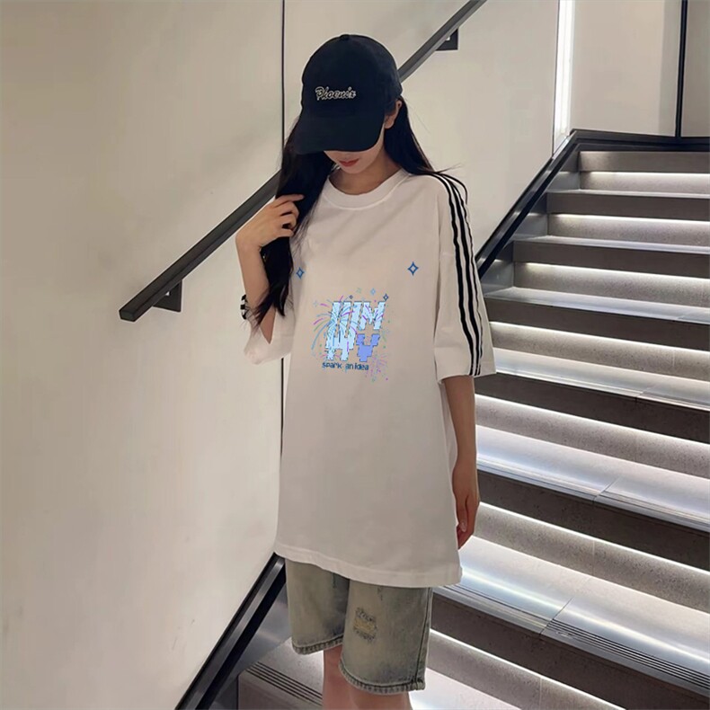 抖音得物高品质二开240克宽松纯棉美式潮牌三条杠织带短袖T恤,男装T恤,电商A486-1