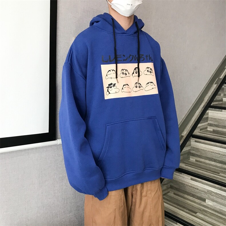 港风冬装加绒趣味小新印花情侣宽松卫衣外套男潮A181图片