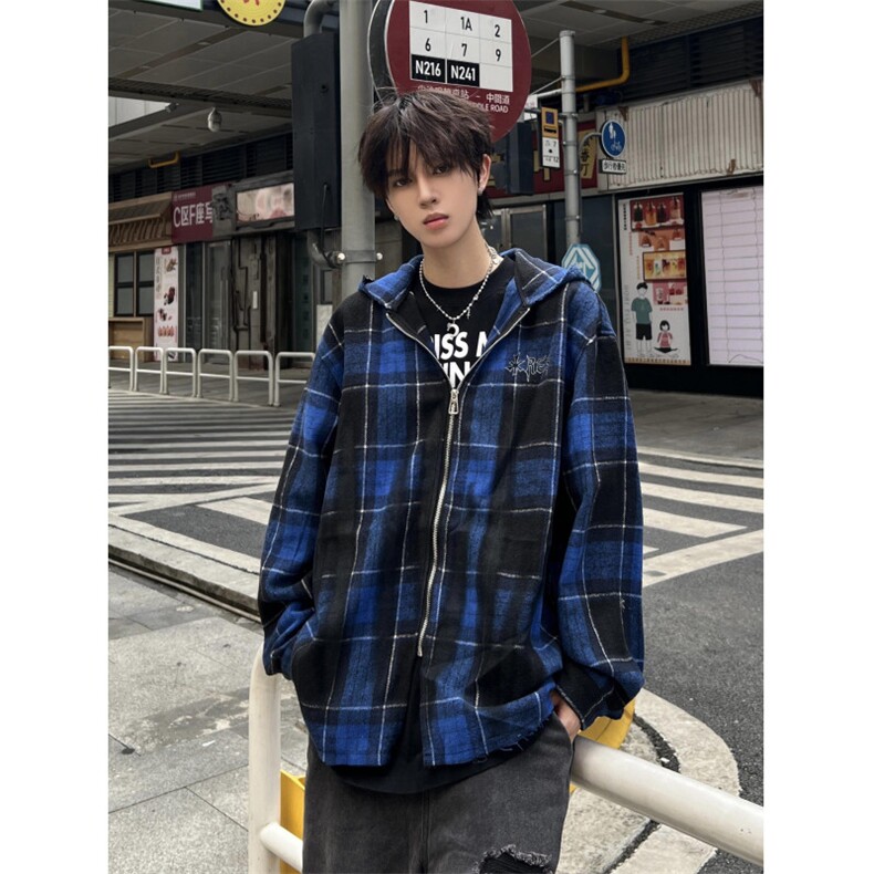 【有货】连帽格子衬衫男高级感痞帅美式拉链夹克外套C300CC-特P55,男装夹克,星座1007（原301D）