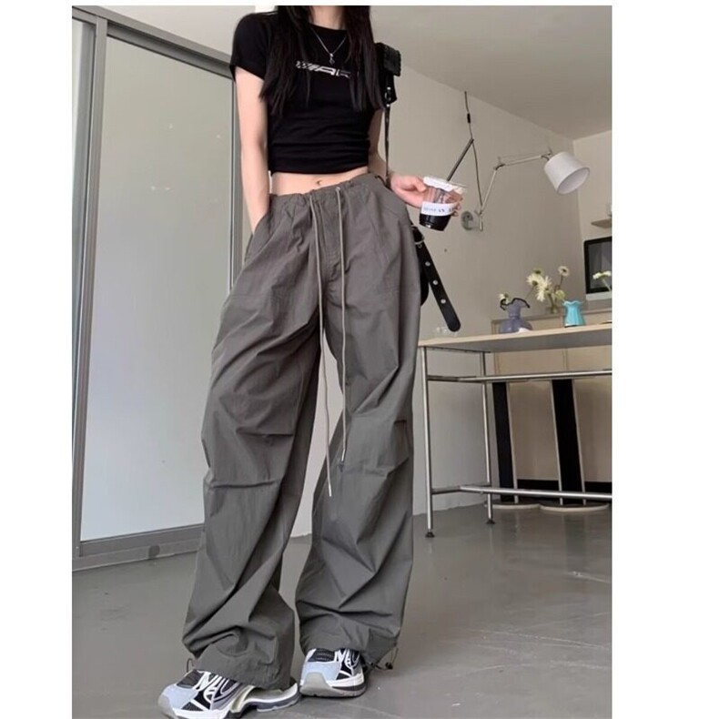 美式复古工装裤女夏季速干降落伞裤宽松垂感褶皱阔腿裤LG8433-P43,男装休闲裤,星座1008
