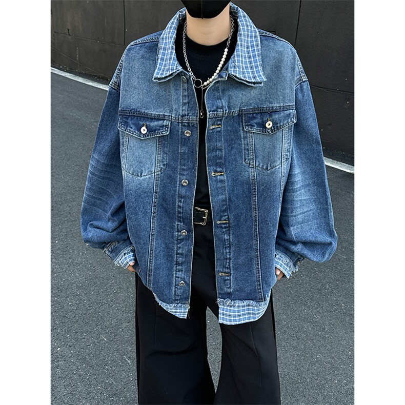 美式复古水洗假两件牛仔外套潮流宽松格子拼接休闲夹克，男装工装外套，星座410-6（原星座1304-1）