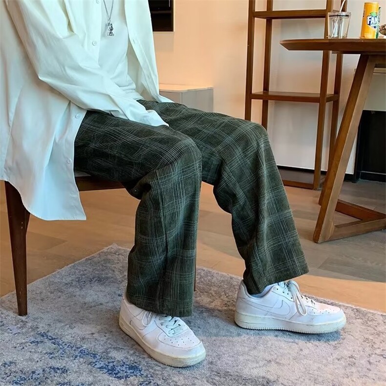 美式炸街裤子高街ins潮灯芯绒阔腿裤vintage格子直筒裤K3621-p33,男装休闲裤,星座1008