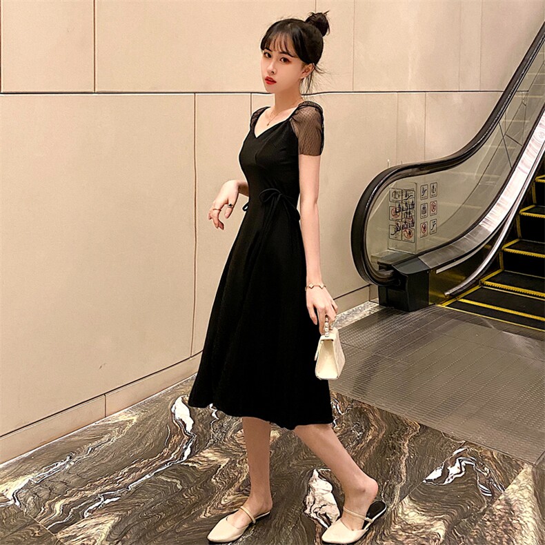 欧洲站2021新款女装慵懒风显瘦荷叶边imiss赫本小黑裙黑色连衣裙,女装连衣裙,潮品会