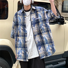 2026夏美式扎染刺绣格子短袖衬衫衬衣五分袖CS1805/特P35蓝色8，男装衬衫，电商A094