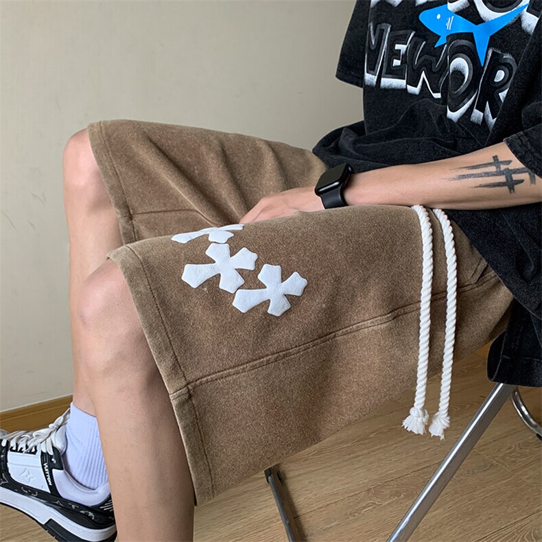 纯棉320G重磅水洗做旧发泡印花短裤A014-DY2331-P45控58,男装休闲裤,电商A014