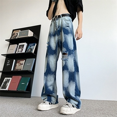 高街vibe美式扎染牛仔裤男设计感潮牌宽松破洞直筒裤子61811-p48，男装牛仔裤，星座1008