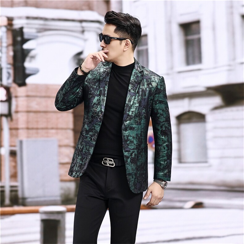 春秋款男士绵羊皮西服真皮休闲外套中年男装百搭通勤夹克绿彩条,男装夹克,电商B360A（原721A）