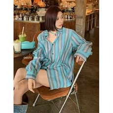 条纹撞色防晒衬衫女夏季宽松bf慵懒风盐系开衫衬衣外套CA129，男装防晒衣，星座1116A（原606A-3）