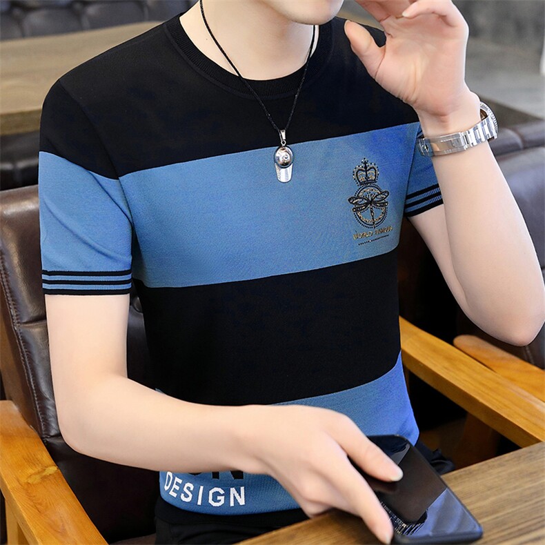 直播7382-P55男士提花短袖针织衫潮牌黑色修身型套头春夏,男装T恤,电商D310B
