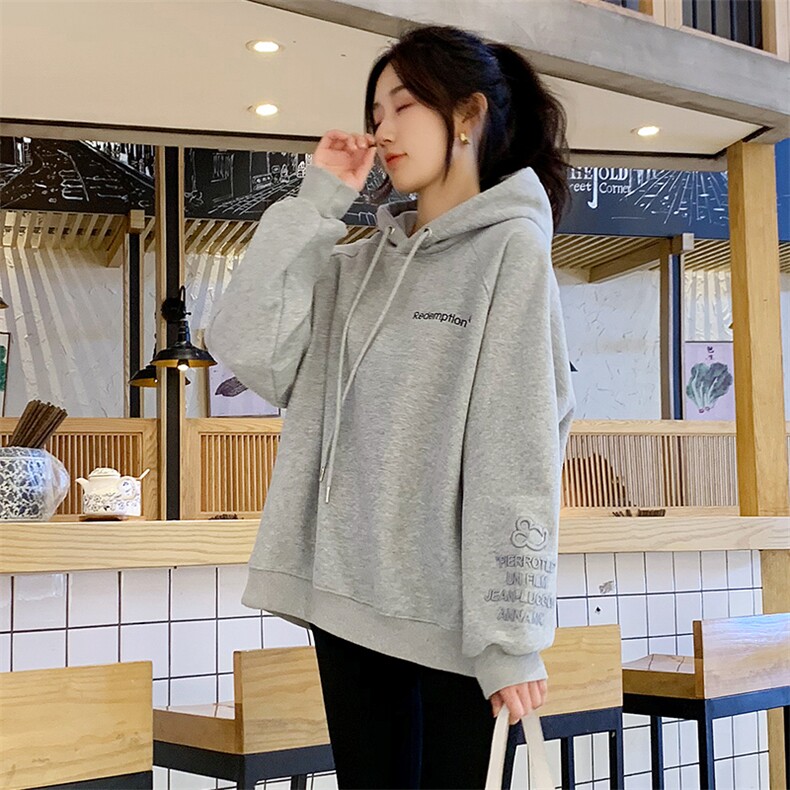 灰色连帽卫衣女秋冬加绒加厚韩版宽松慵懒风oversize外套潮流帽衫,女装卫衣/绒衫,梦懿尔