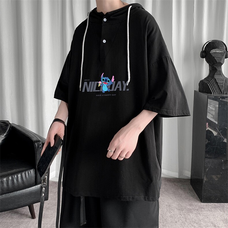 LD54173-P45连帽短袖t恤男大码胖子带帽五分袖中袖,男装T恤,电商A040