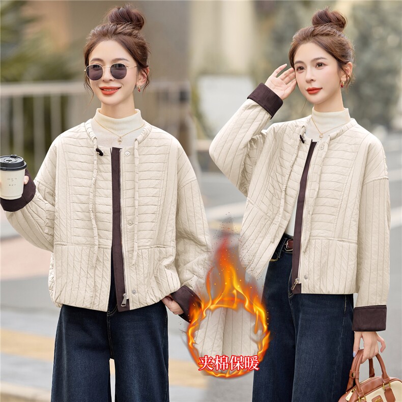 时尚圆领撞色短款棉服女2025冬新款休闲宽松保暖棉衣夹棉加厚外套,女装棉衣/棉服,余墨
