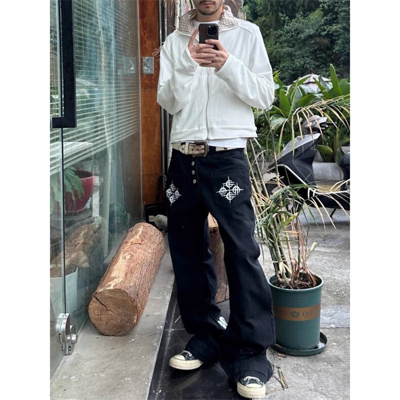 美式印花排扣弯刀牛仔裤新款简约潮流ins时尚文艺百搭气质宽松潮,男装牛仔裤,四季星座505