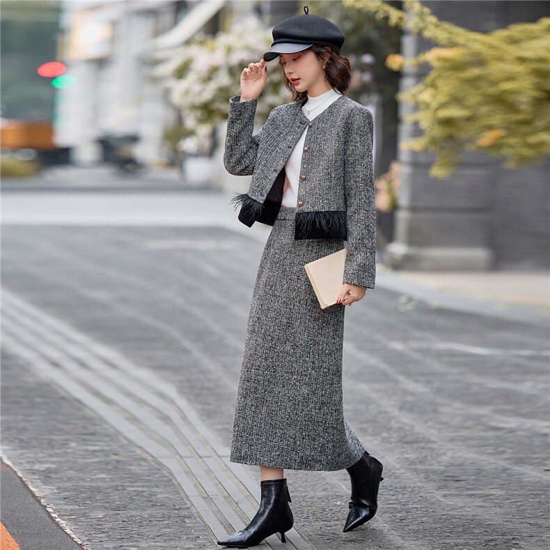 现货！重工烫钻小香风套装裙女2025秋冬新款轻奢外套半身裙两件套,女装套装/套裙,涵墨