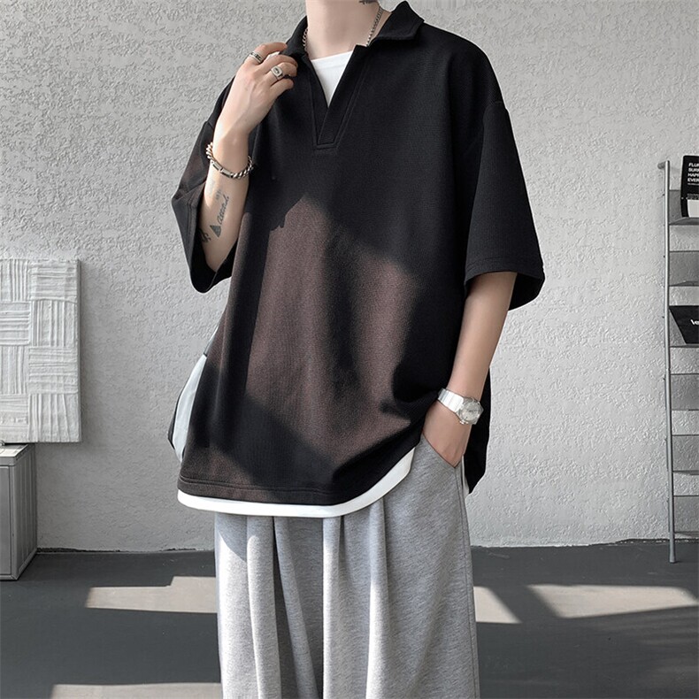 8XL-M假两件V领短袖t恤男夏翻领半袖宽松重磅华夫格大码DT001P40,男装T恤,电商B312